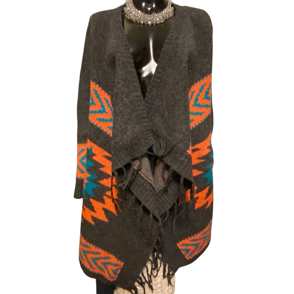 Roots Aztec Print Fringe Cascade Open Front Wool Knit Long Cardigan.